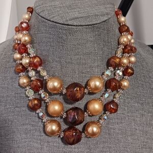 50s 60s Dime Store 3 Strand , Cream Caramel Amber Tone Plastic Vintage Necklace